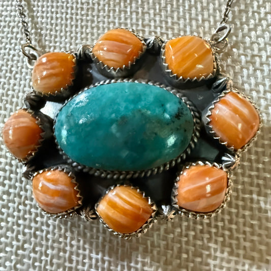 Mojave Turquoise and Spiny Oyster Gemstone Necklace in Sterling Silver