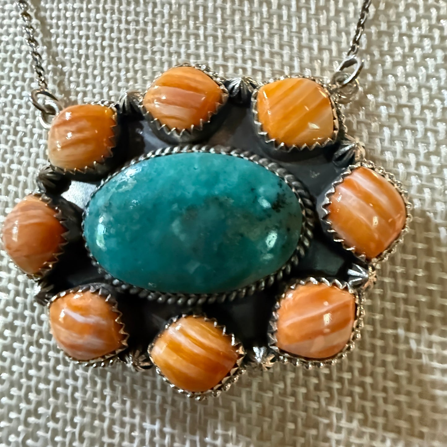 Mojave Turquoise and Spiny Oyster Gemstone Necklace in Sterling Silver