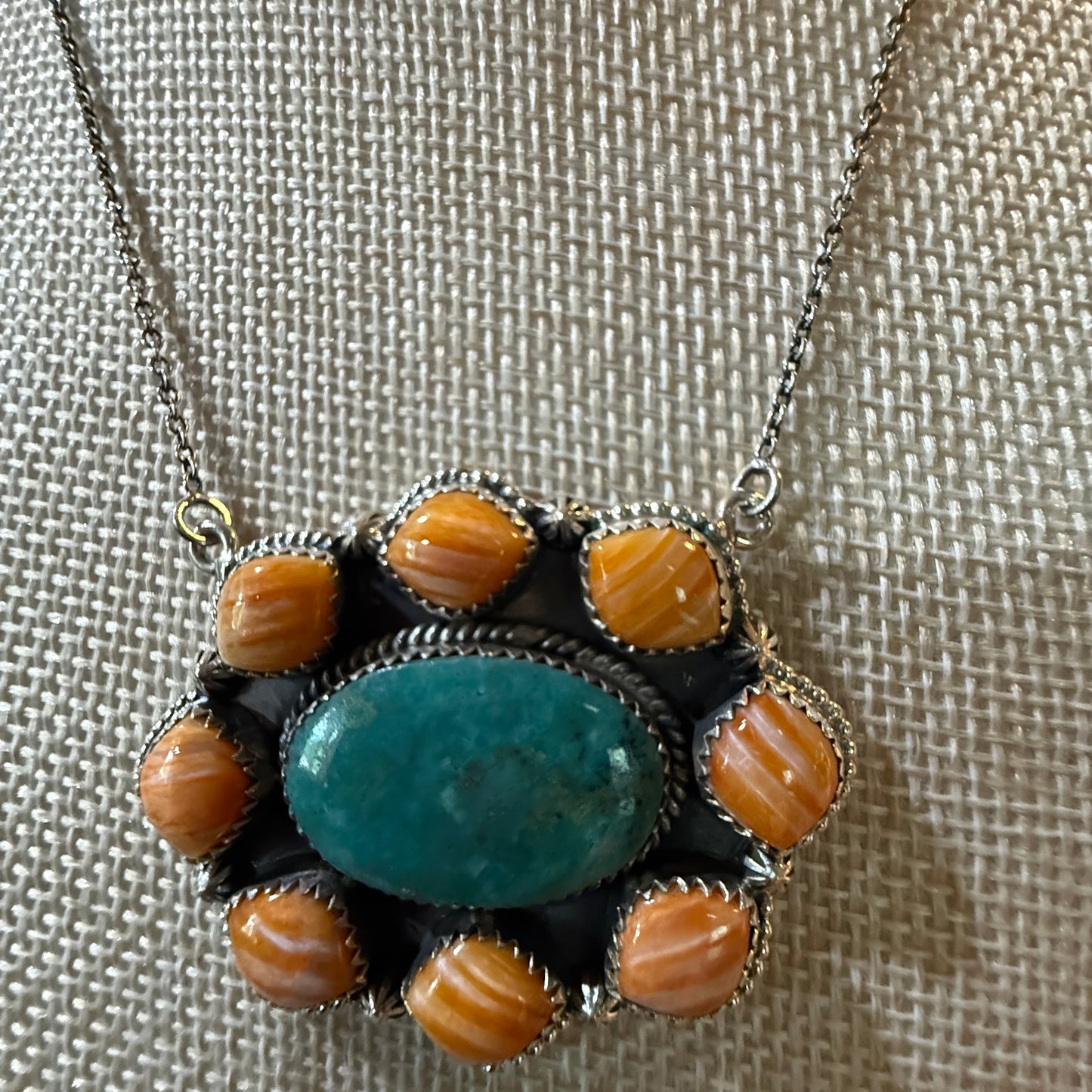 Mojave Turquoise and Spiny Oyster Gemstone Necklace in Sterling Silver