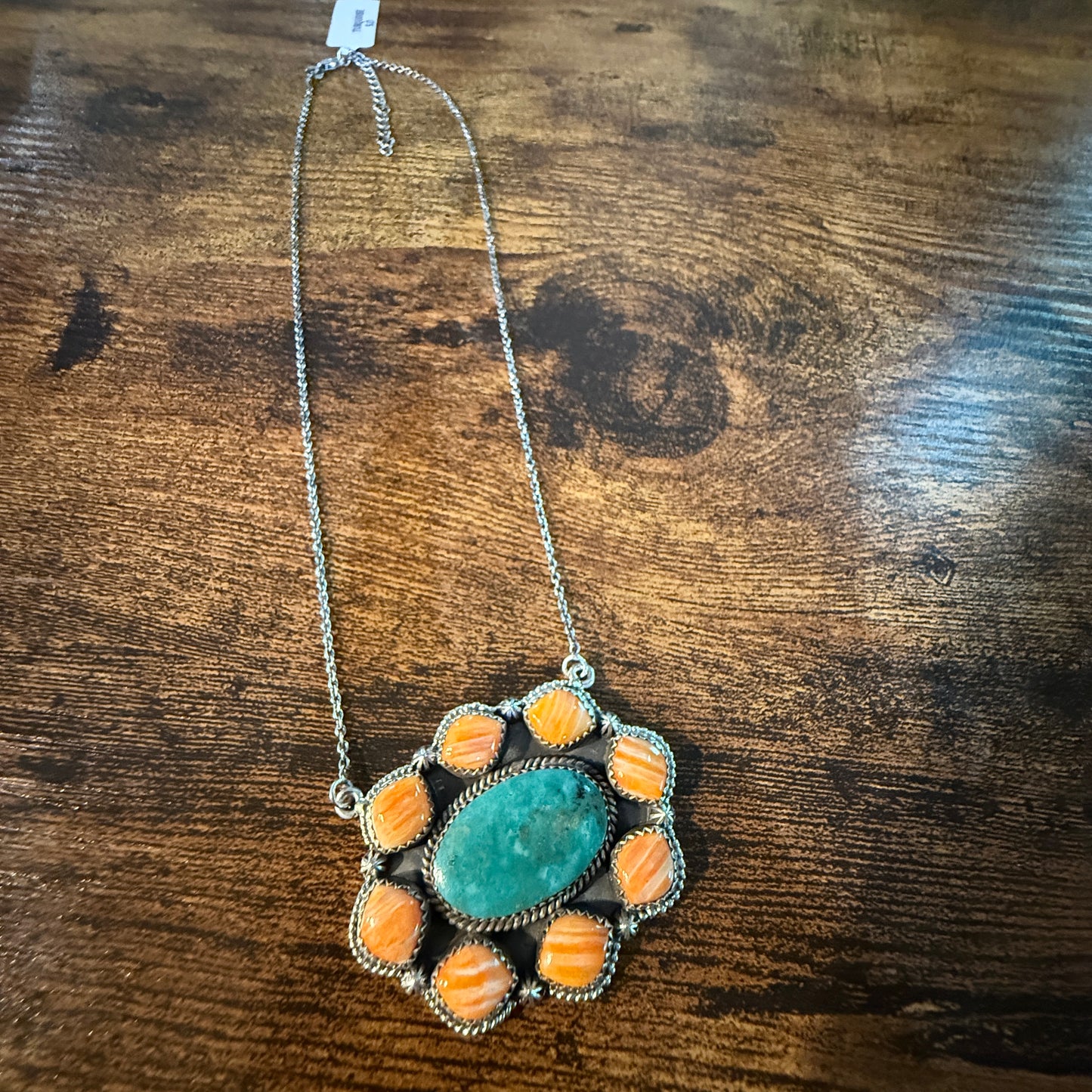 Mojave Turquoise and Spiny Oyster Gemstone Necklace in Sterling Silver