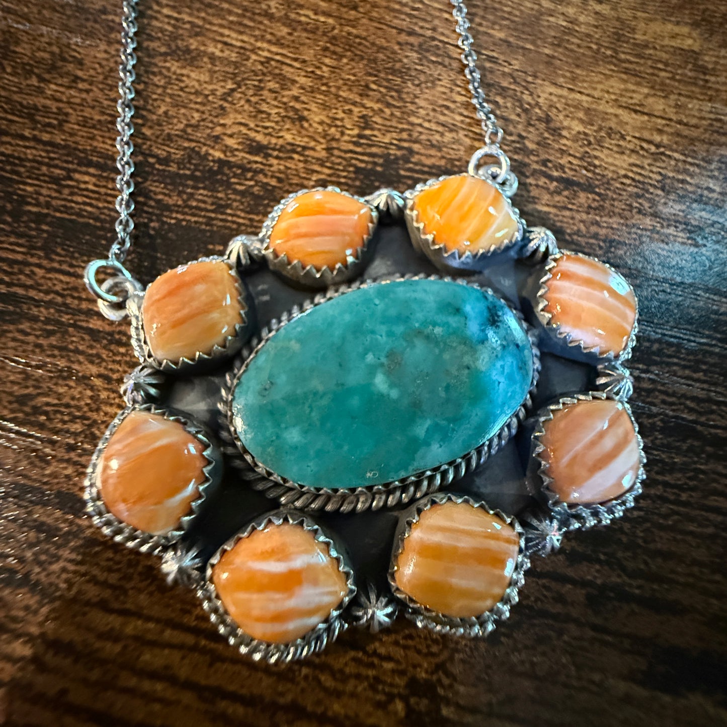 Mojave Turquoise and Spiny Oyster Gemstone Necklace in Sterling Silver