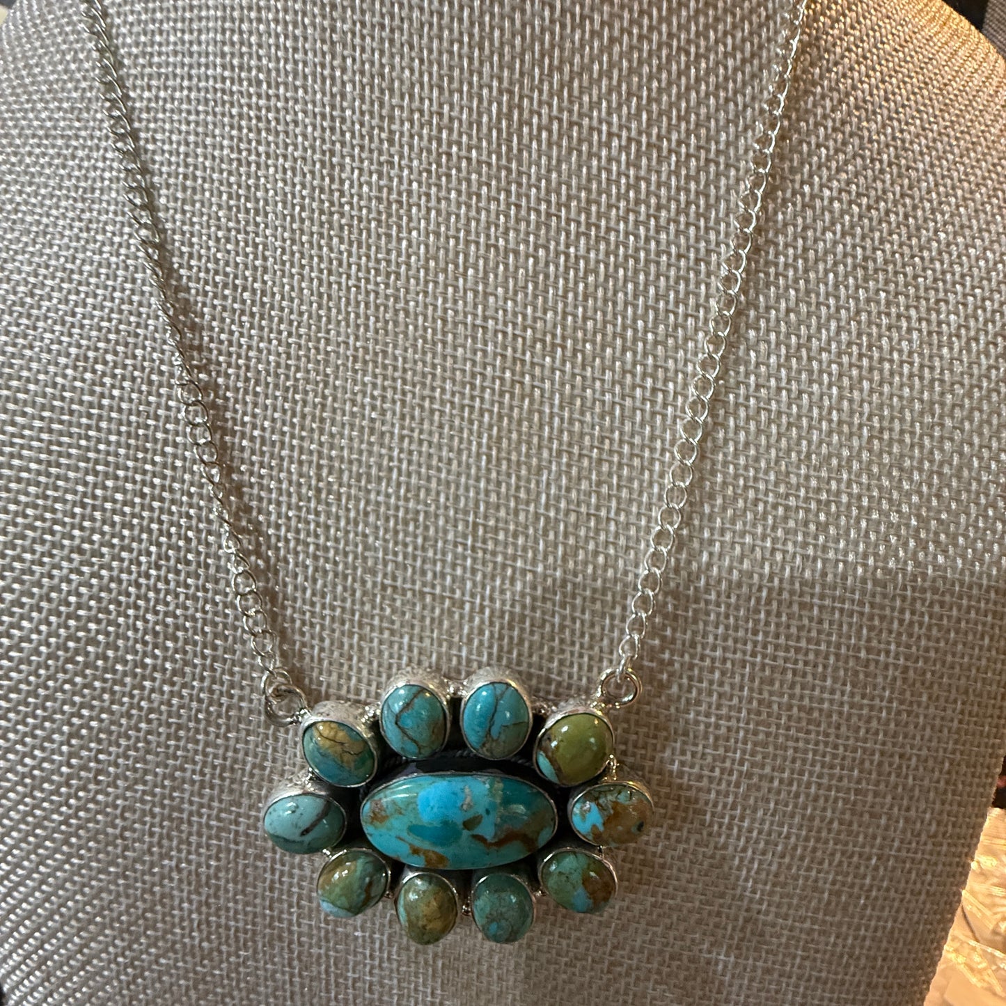 Sonoran Turquoise Gemstone Cluster Necklace In Sterling Silver On 18 Inch Chain