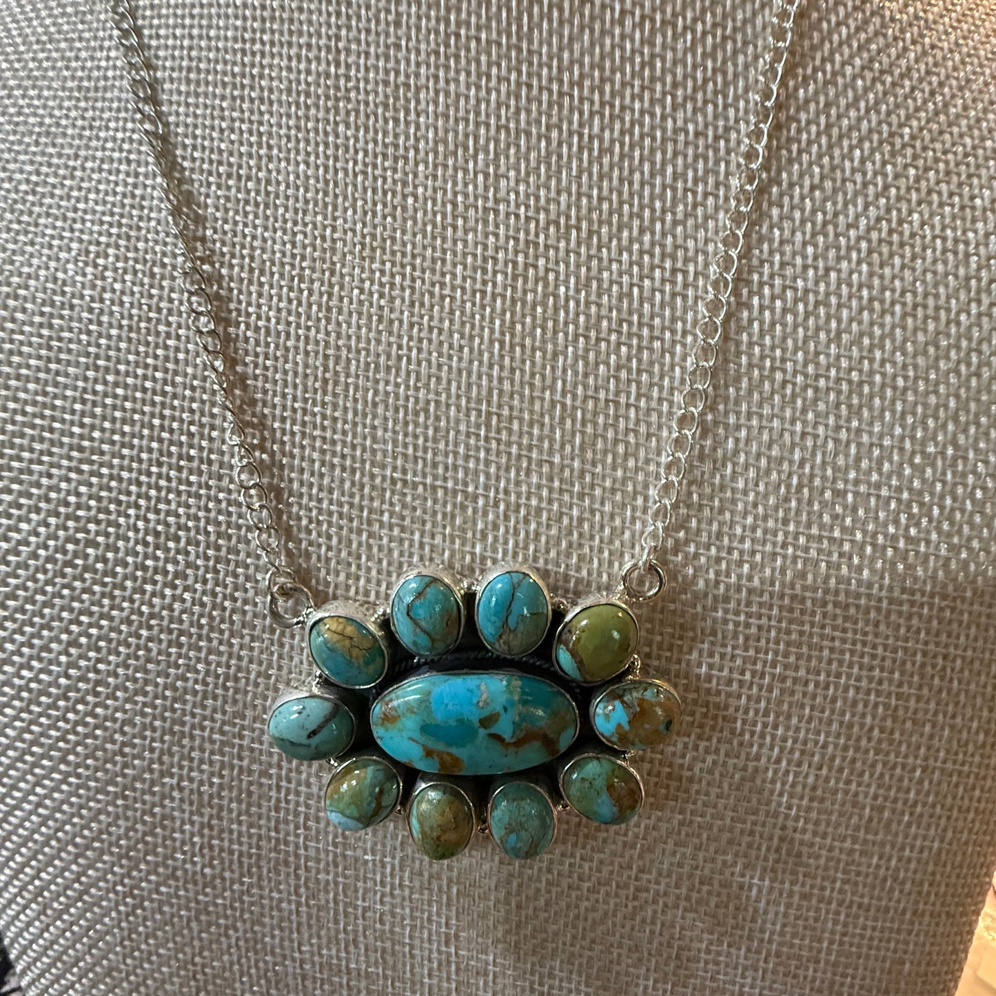 Sonoran Turquoise Gemstone Cluster Necklace In Sterling Silver On 18 Inch Chain