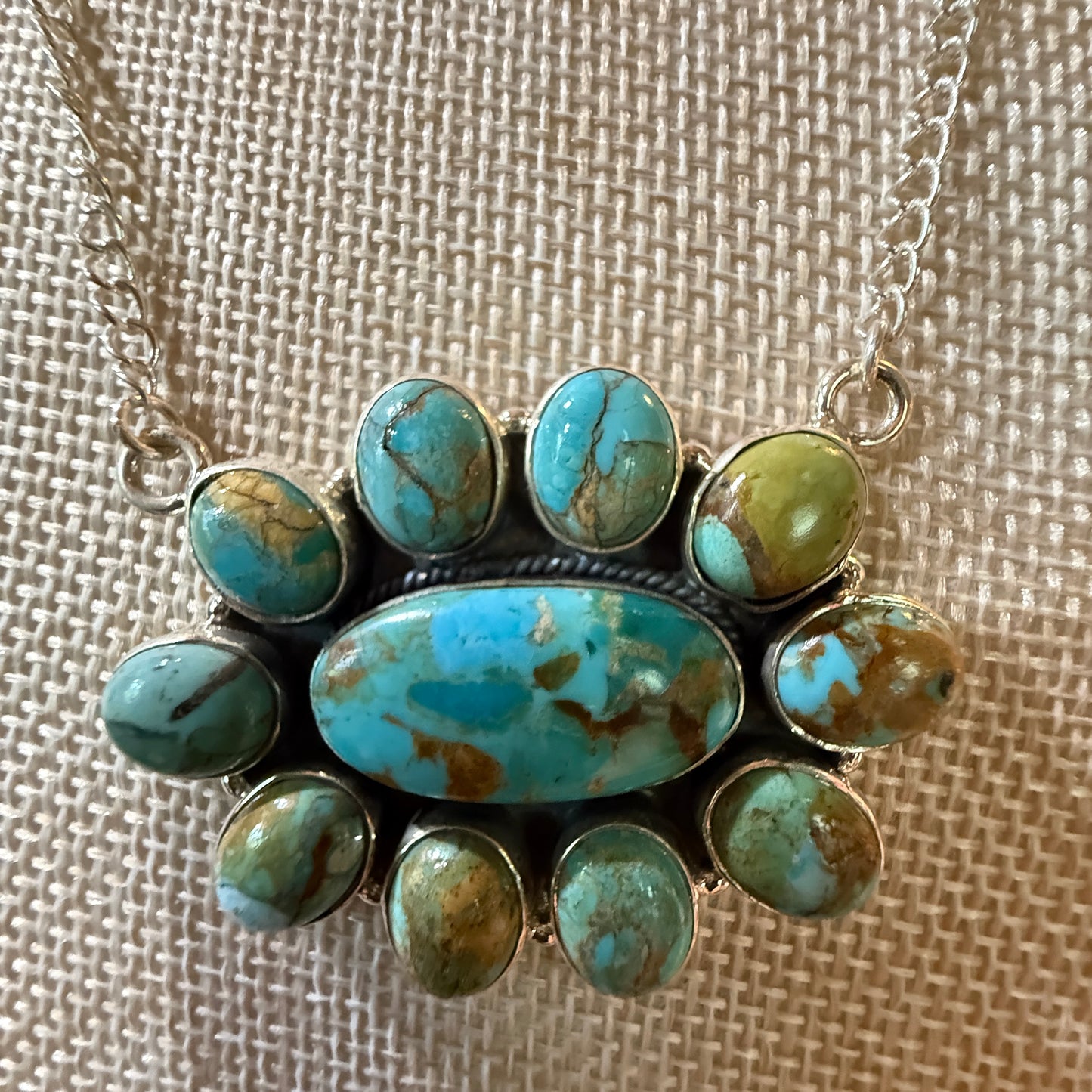 Sonoran Turquoise Gemstone Cluster Necklace In Sterling Silver On 18 Inch Chain