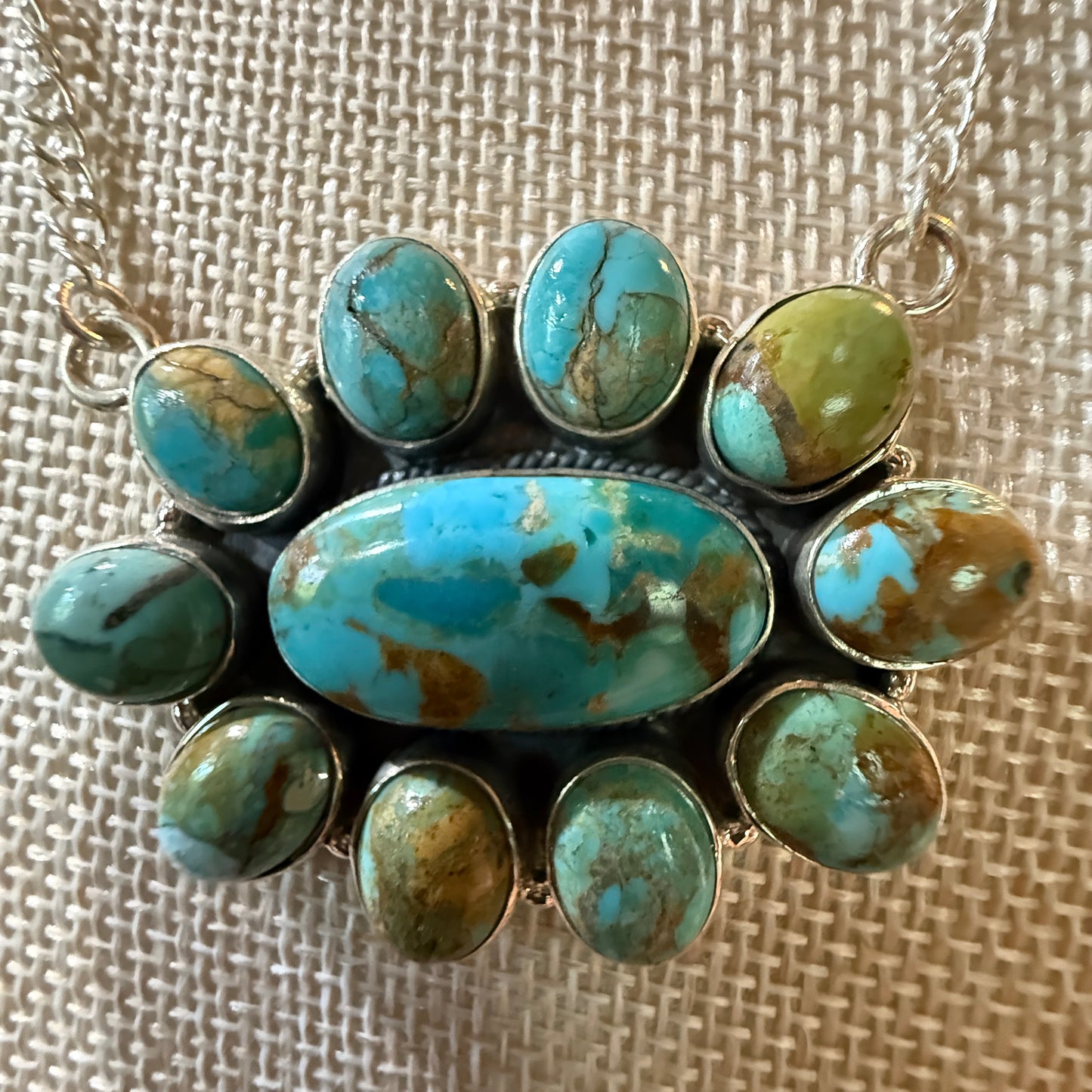 Sonoran Turquoise Gemstone Cluster Necklace In Sterling Silver On 18 Inch Chain