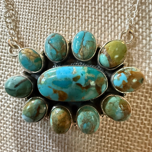 Sonoran Turquoise Gemstone Cluster Necklace In Sterling Silver On 18 Inch Chain
