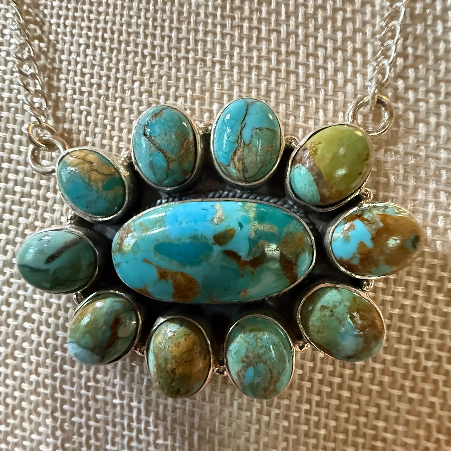 Sonoran Turquoise Gemstone Cluster Necklace In Sterling Silver On 18 Inch Chain