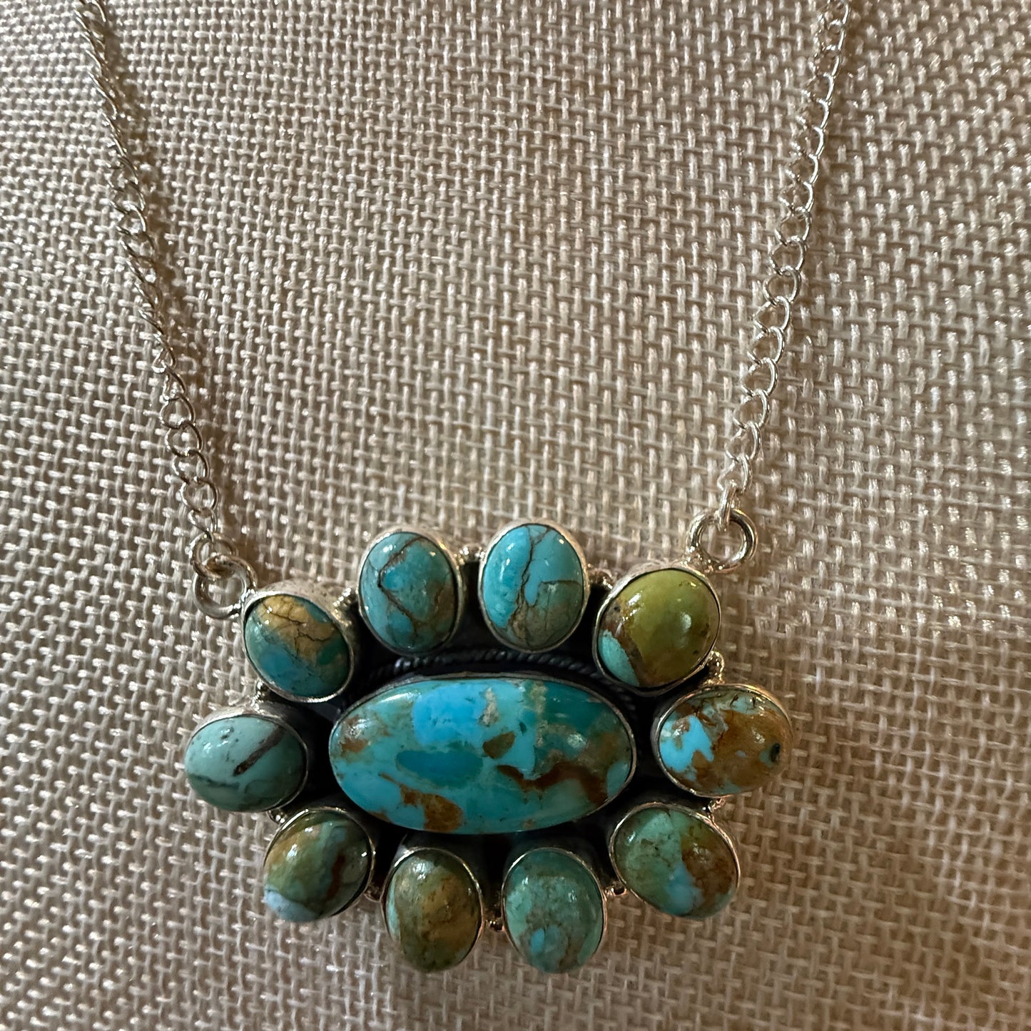 Sonoran Turquoise Gemstone Cluster Necklace In Sterling Silver On 18 Inch Chain