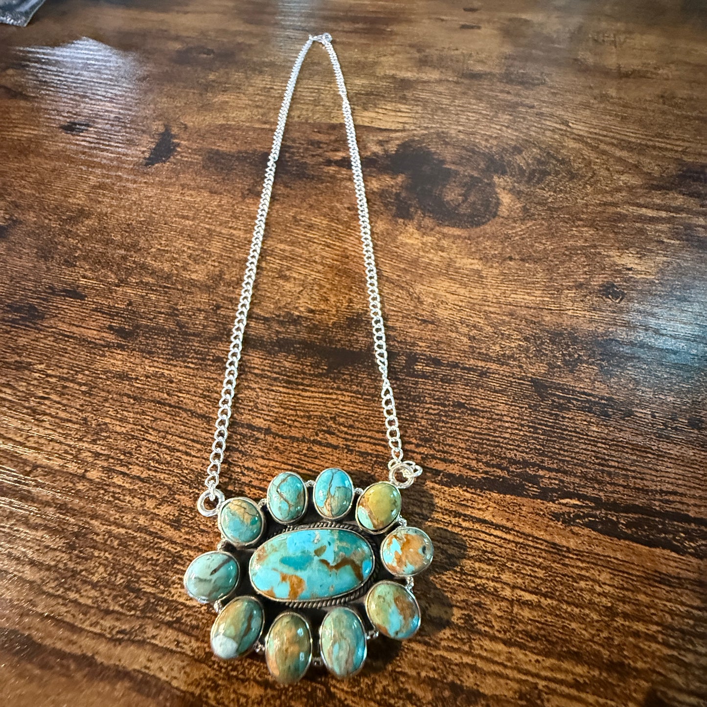 Sonoran Turquoise Gemstone Cluster Necklace In Sterling Silver On 18 Inch Chain