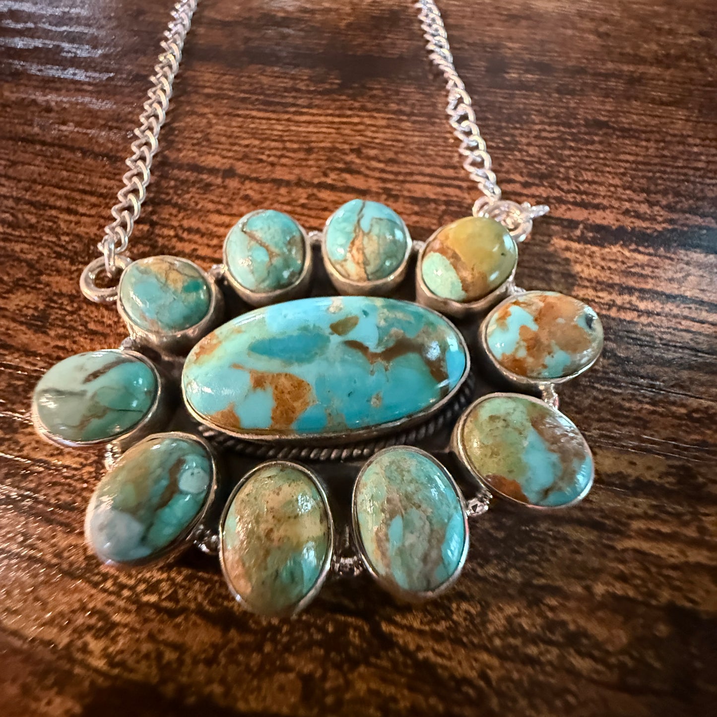 Sonoran Turquoise Gemstone Cluster Necklace In Sterling Silver On 18 Inch Chain