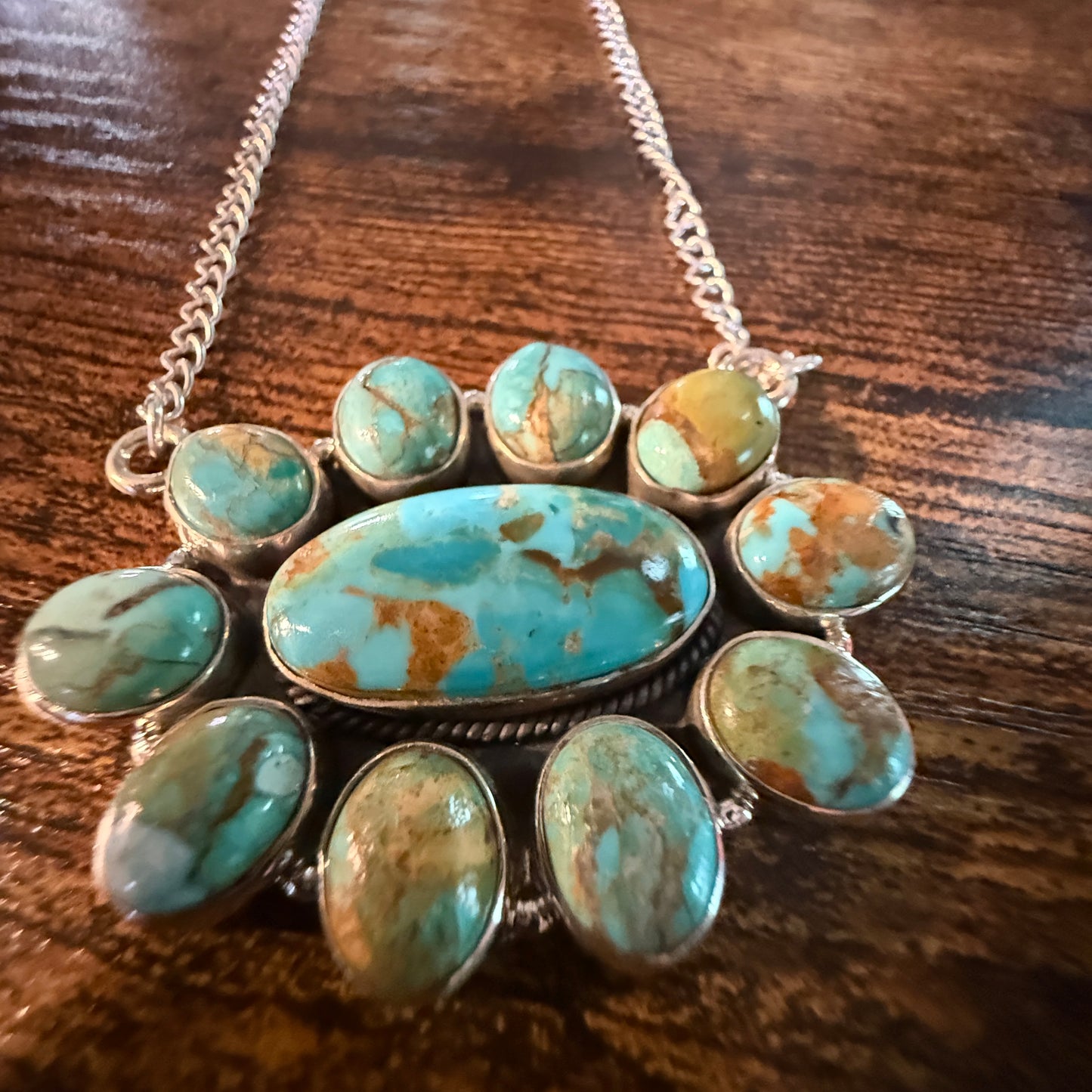 Sonoran Turquoise Gemstone Cluster Necklace In Sterling Silver On 18 Inch Chain