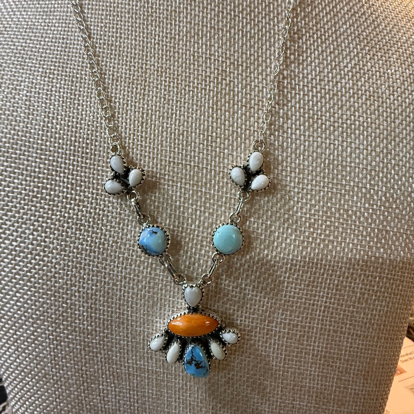 White Buffalo Turquoise Necklace With Orange Spiny Oyster And Sterling Silver