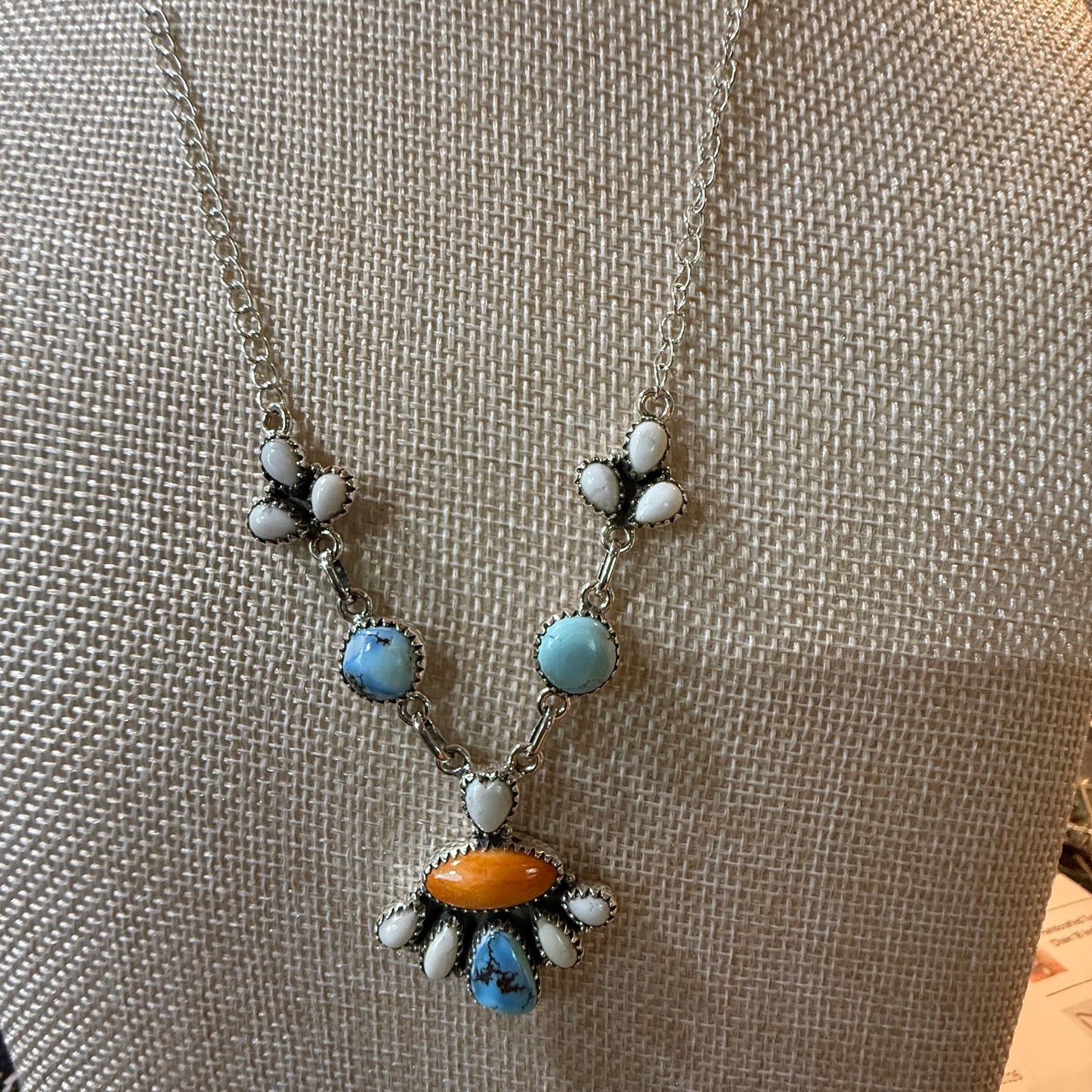 White Buffalo Turquoise Necklace With Orange Spiny Oyster And Sterling Silver