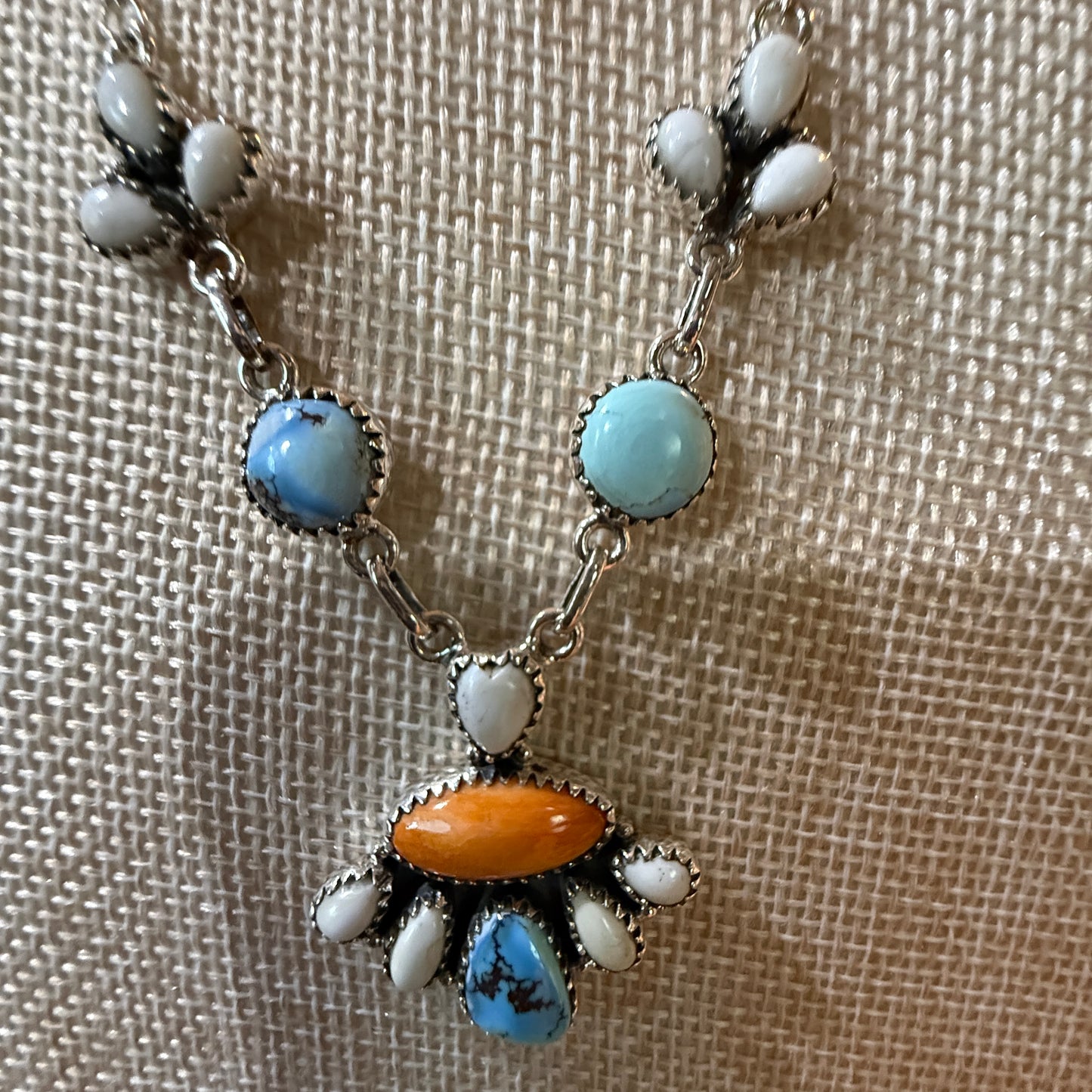 White Buffalo Turquoise Necklace With Orange Spiny Oyster And Sterling Silver