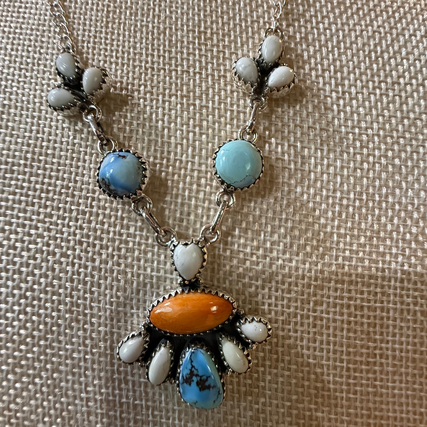 White Buffalo Turquoise Necklace With Orange Spiny Oyster And Sterling Silver