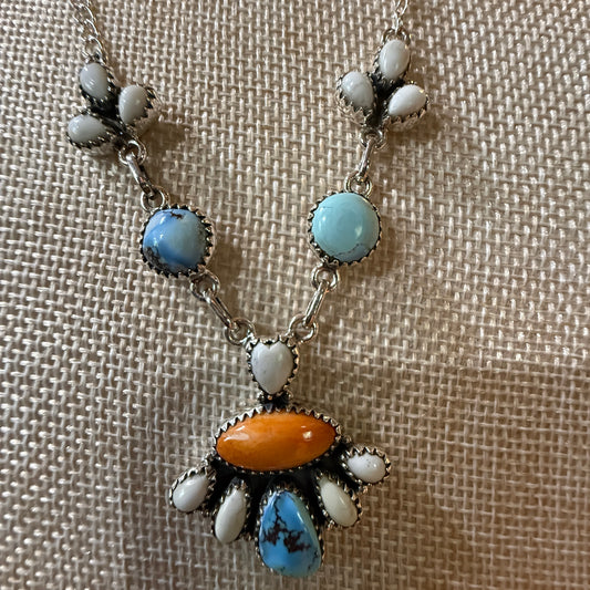 White Buffalo Turquoise Necklace With Orange Spiny Oyster And Sterling Silver