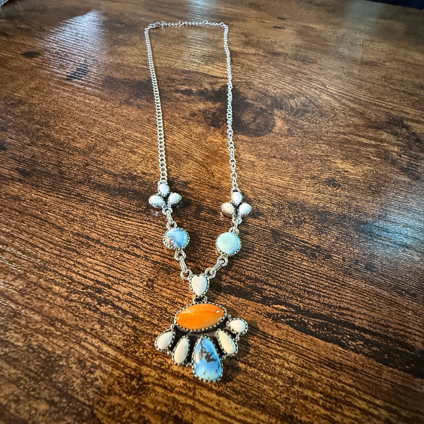White Buffalo Turquoise Necklace With Orange Spiny Oyster And Sterling Silver