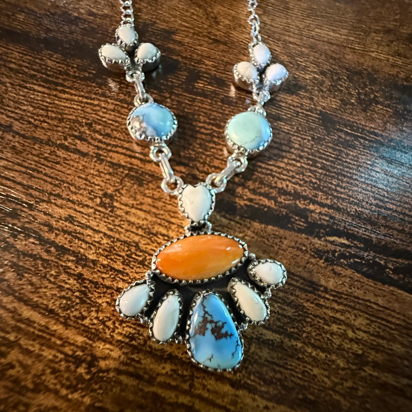 White Buffalo Turquoise Necklace With Orange Spiny Oyster And Sterling Silver