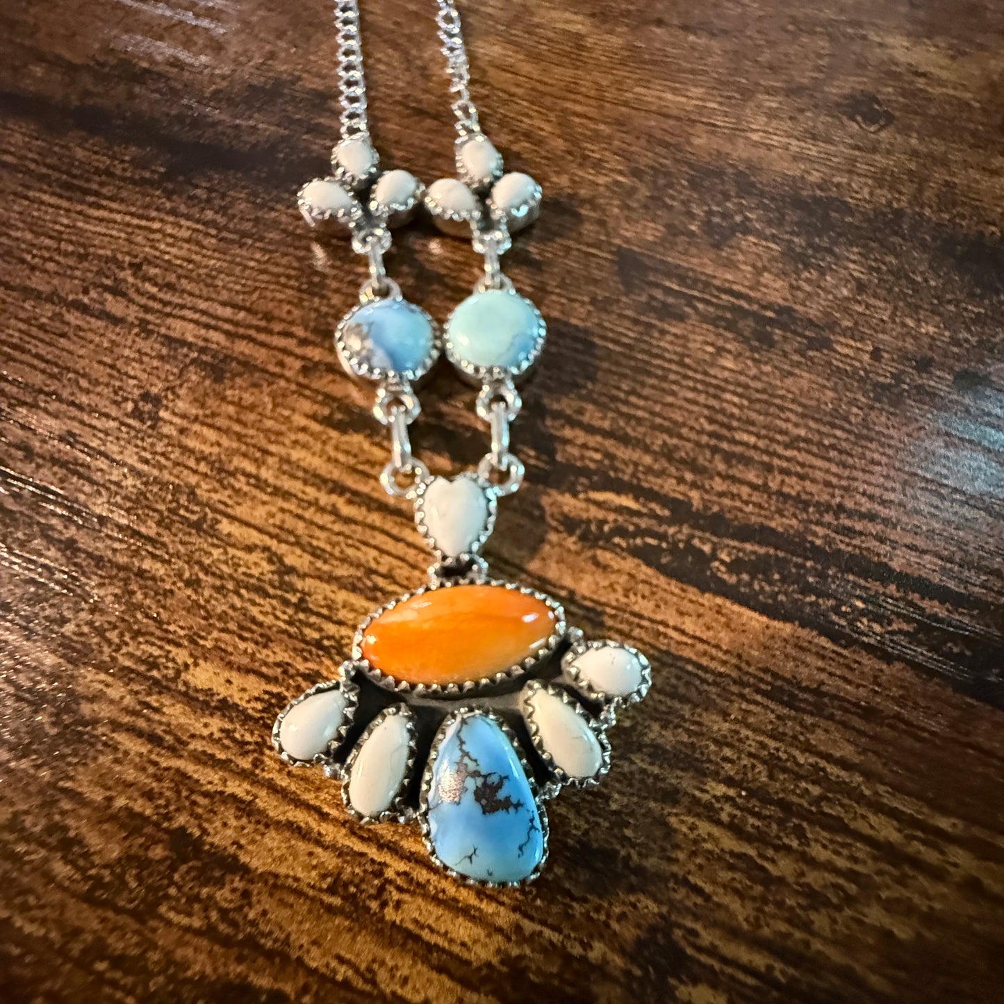 White Buffalo Turquoise Necklace With Orange Spiny Oyster And Sterling Silver