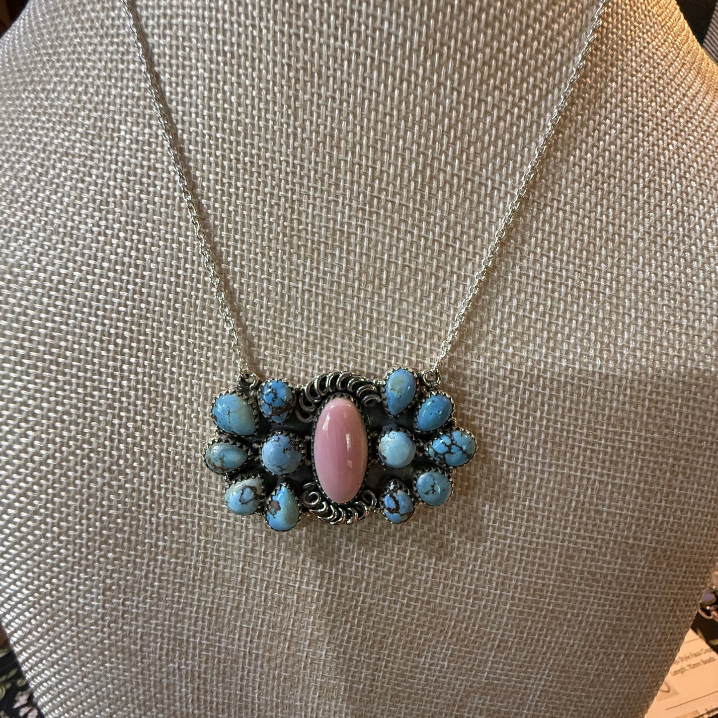 White Water Pink Conch Turquoise Gemstone Necklace 18 Inch Sterling Silver