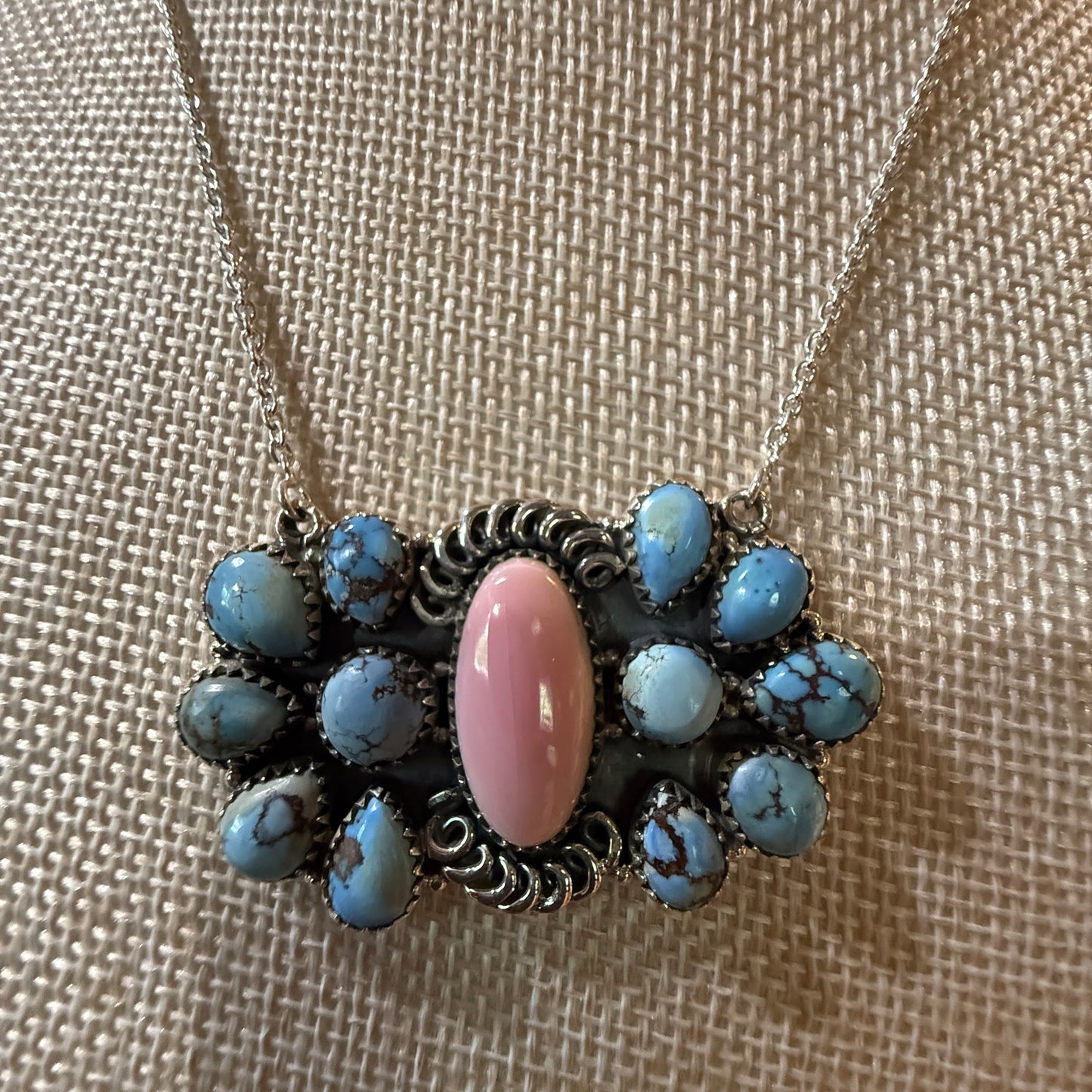 White Water Pink Conch Turquoise Gemstone Necklace 18 Inch Sterling Silver