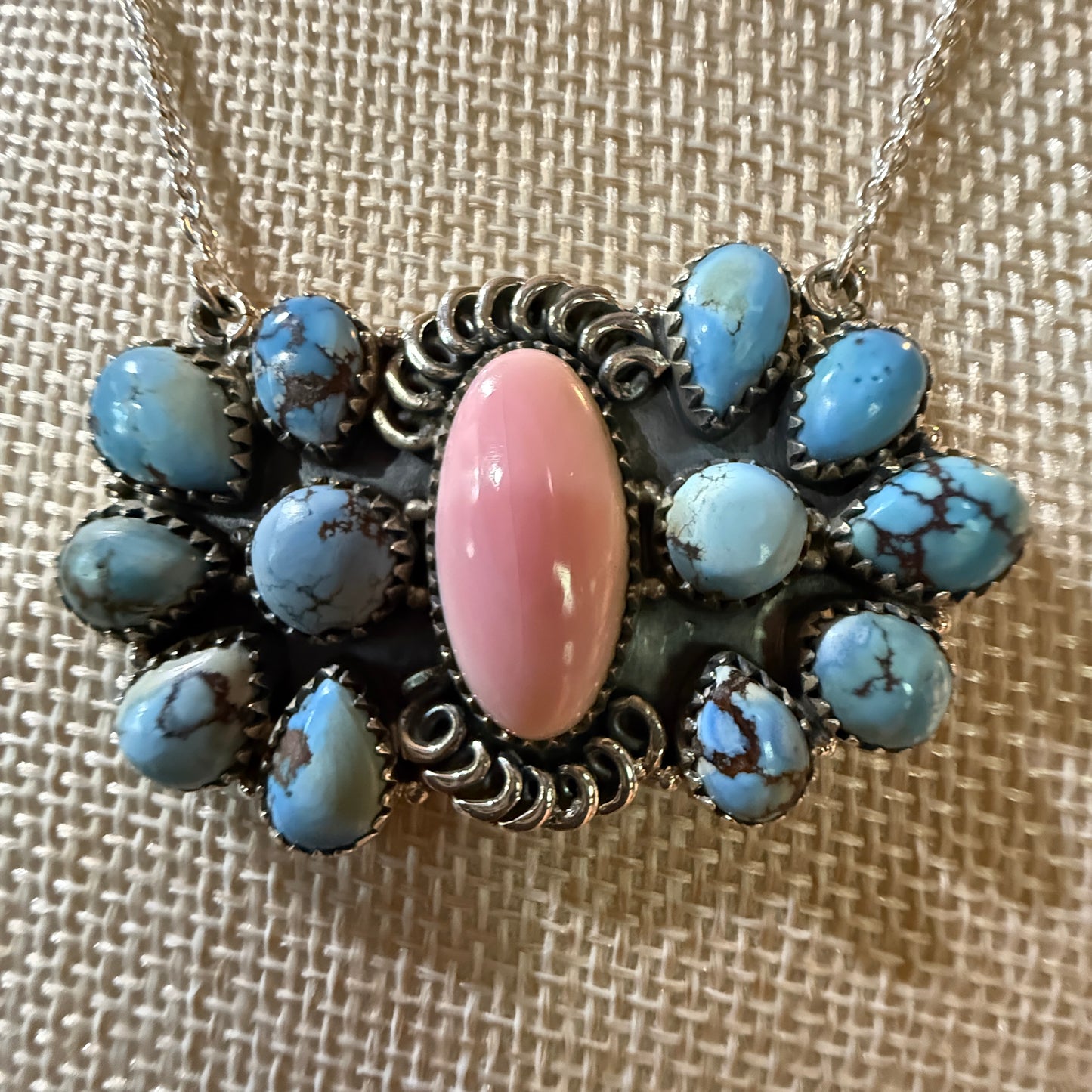 White Water Pink Conch Turquoise Gemstone Necklace 18 Inch Sterling Silver