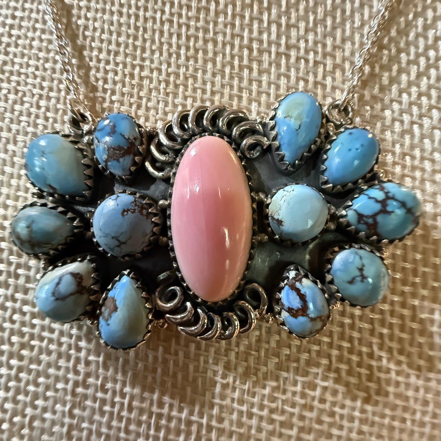 White Water Pink Conch Turquoise Gemstone Necklace 18 Inch Sterling Silver