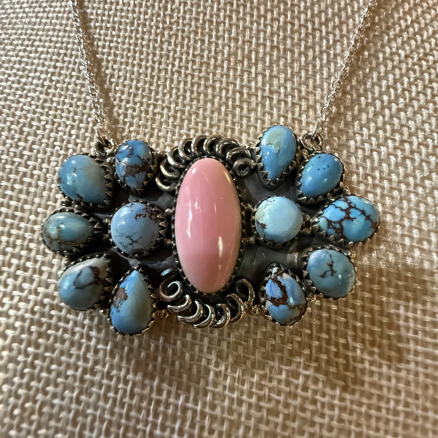 White Water Pink Conch Turquoise Gemstone Necklace 18 Inch Sterling Silver