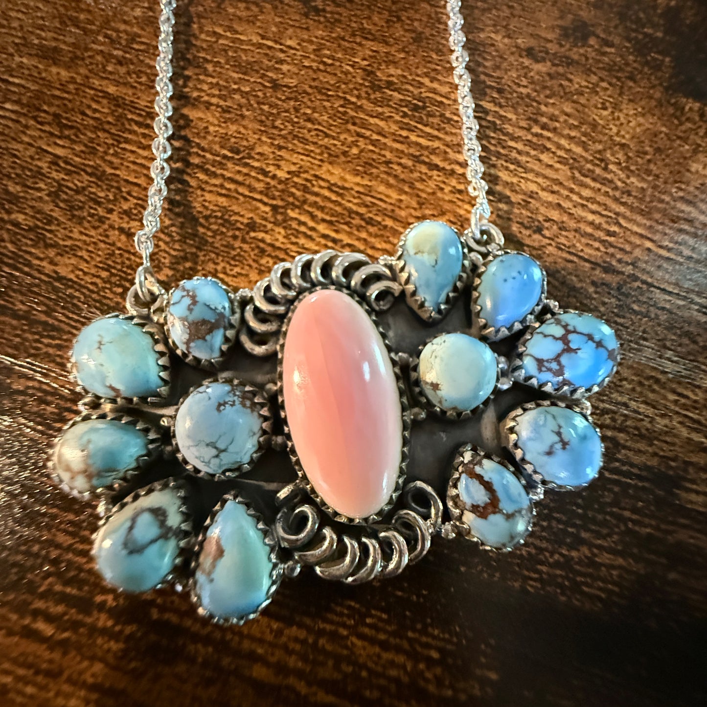 White Water Pink Conch Turquoise Gemstone Necklace 18 Inch Sterling Silver