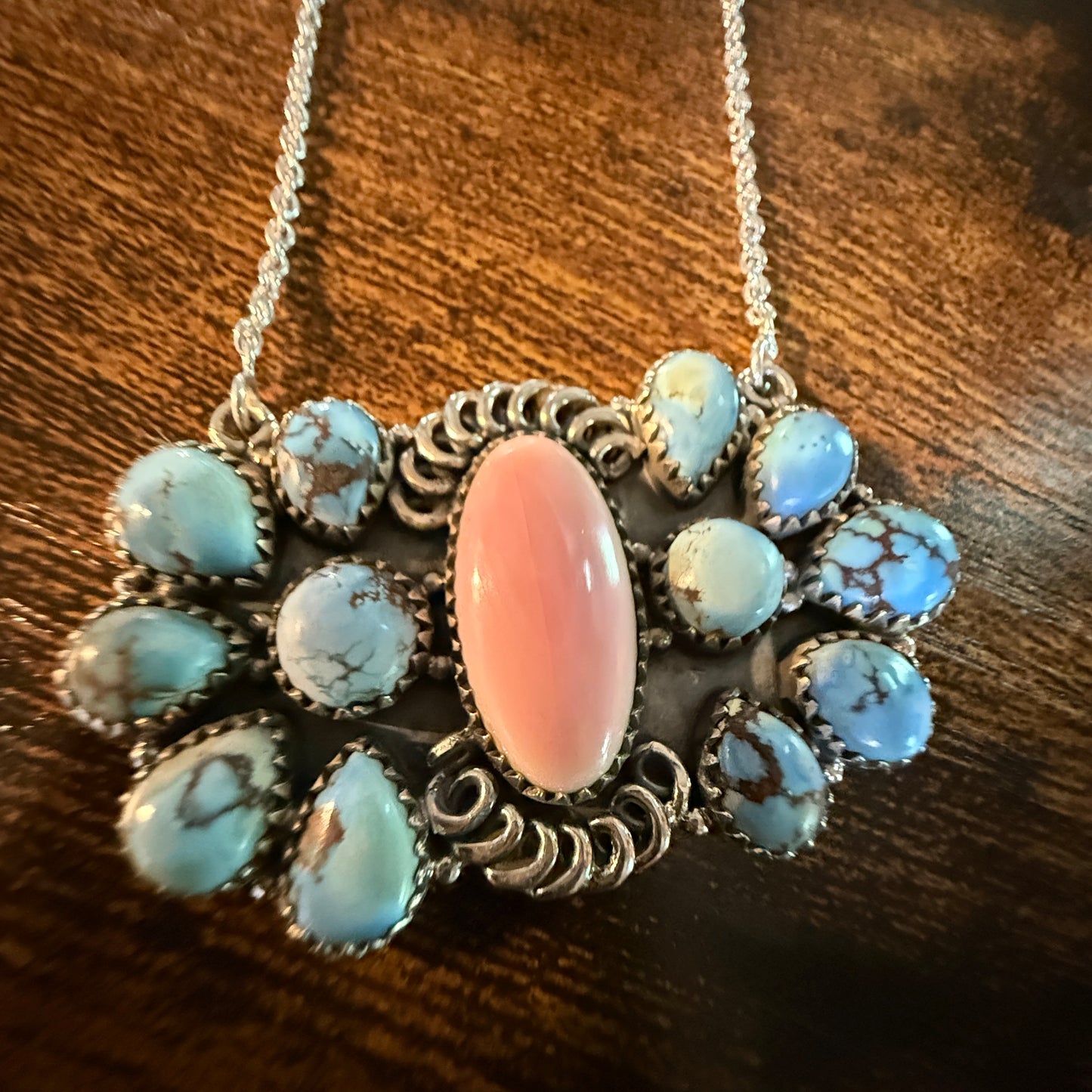White Water Pink Conch Turquoise Gemstone Necklace 18 Inch Sterling Silver