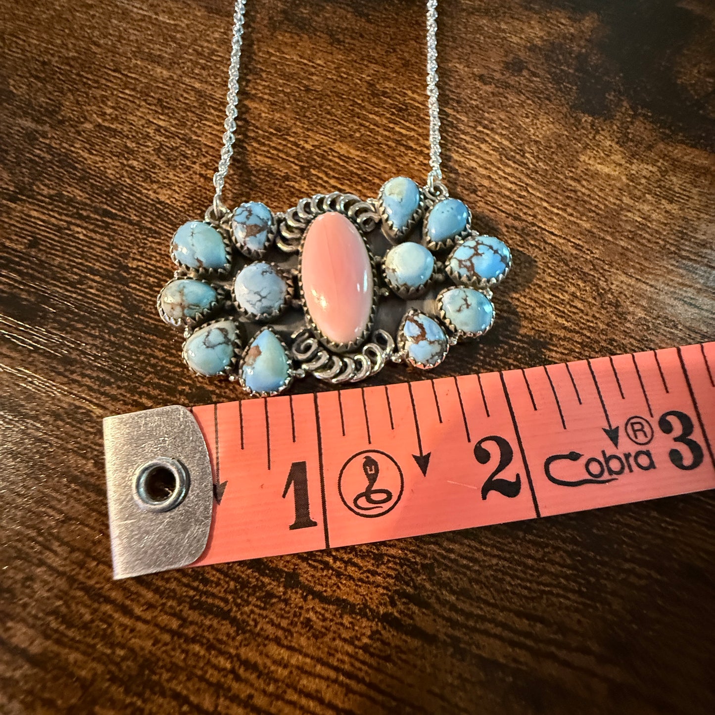 White Water Pink Conch Turquoise Gemstone Necklace 18 Inch Sterling Silver
