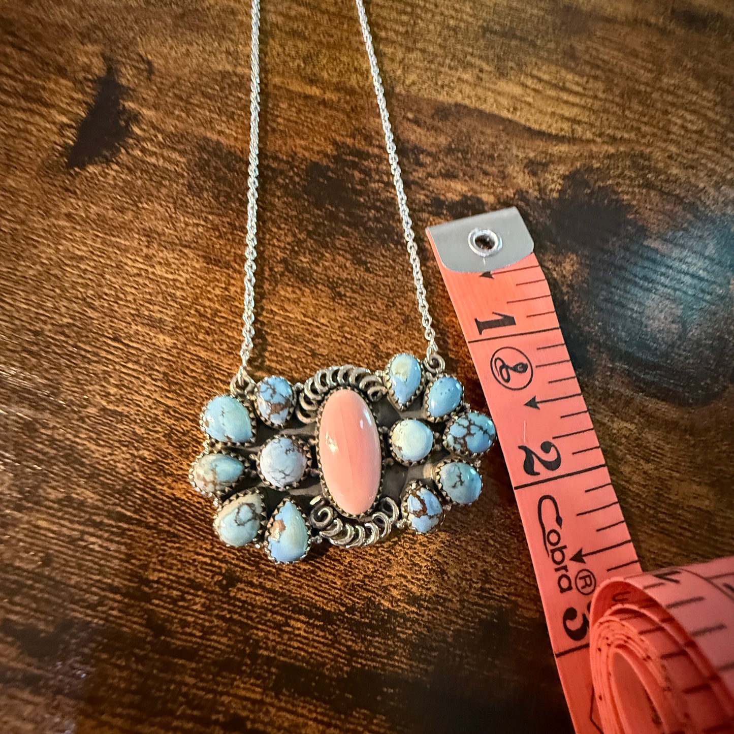 White Water Pink Conch Turquoise Gemstone Necklace 18 Inch Sterling Silver