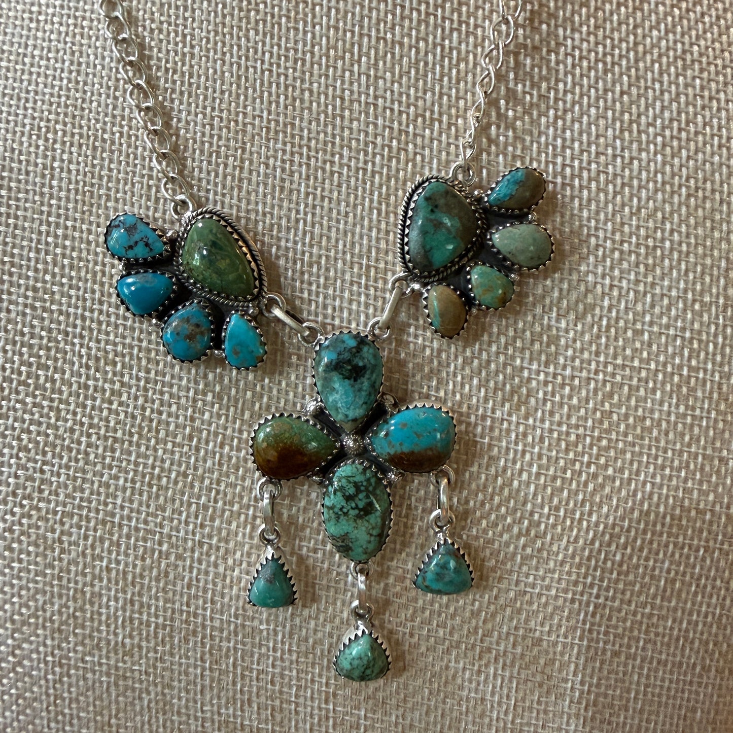 Hachita Turquoise Gemstone Lariat Cluster Necklace in Sterling Silver