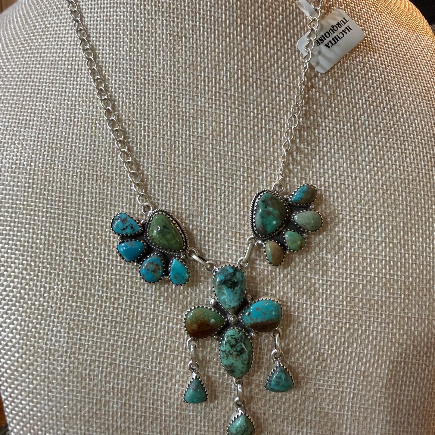 Hachita Turquoise Gemstone Lariat Cluster Necklace in Sterling Silver