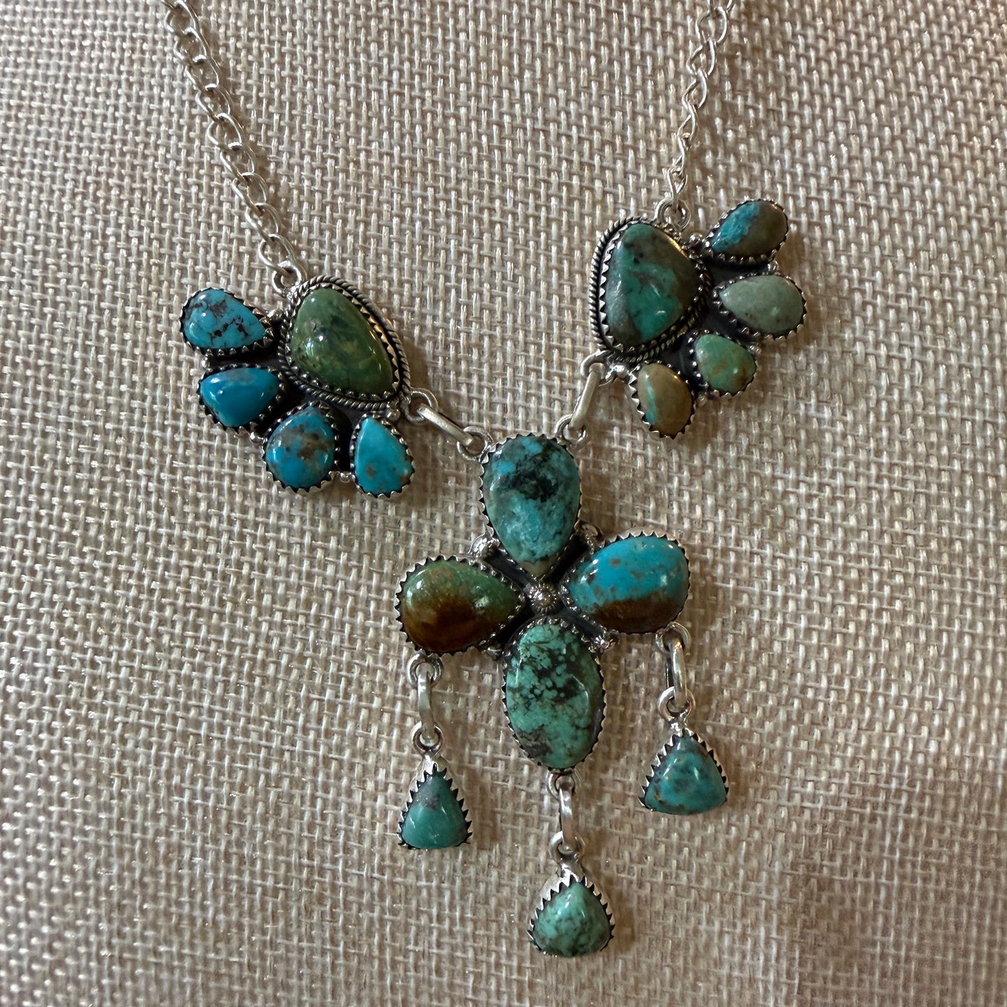 Hachita Turquoise Gemstone Lariat Cluster Necklace in Sterling Silver