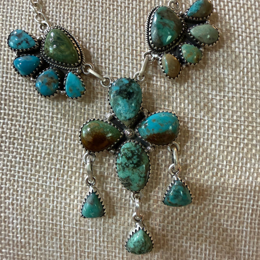 Hachita Turquoise Gemstone Lariat Cluster Necklace in Sterling Silver
