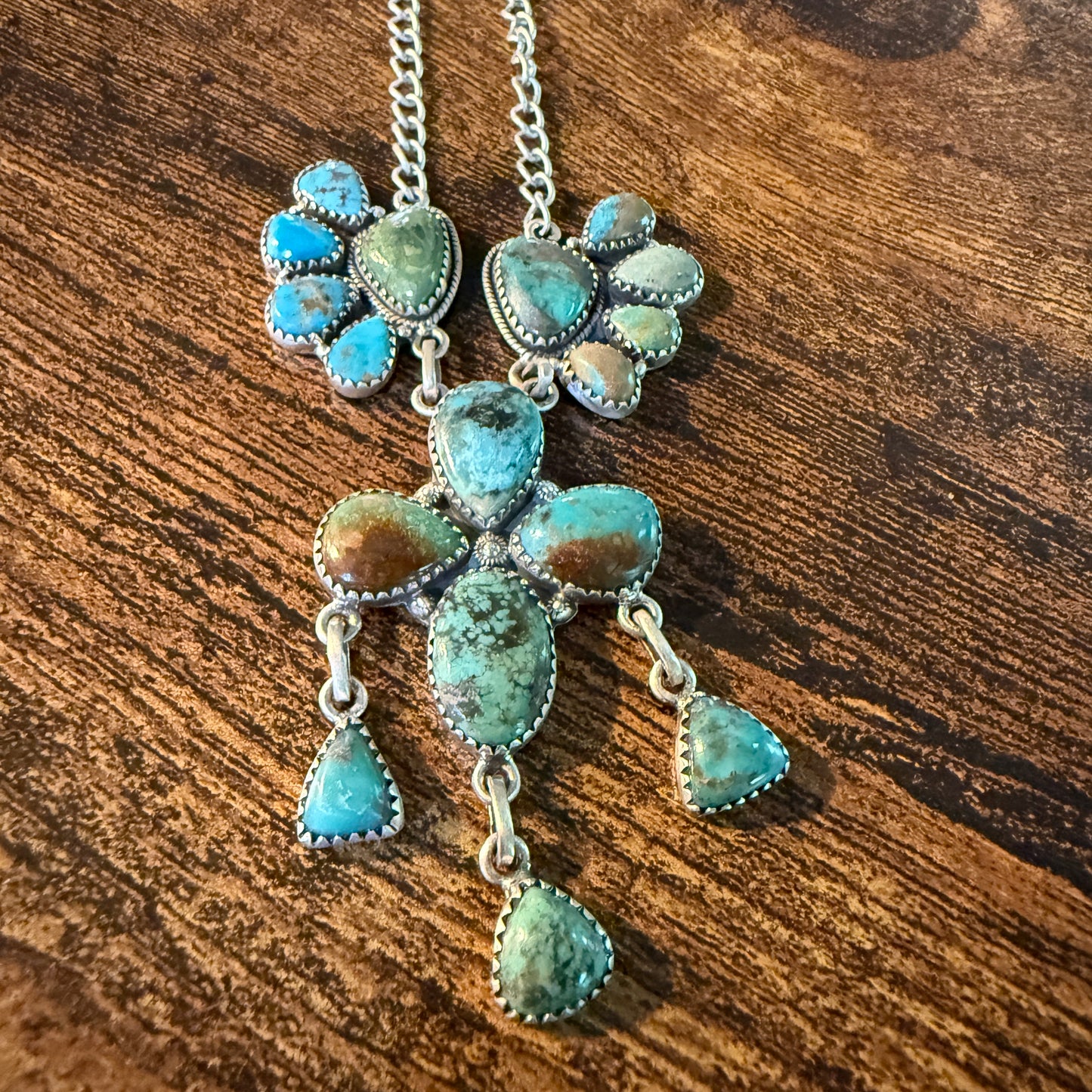Hachita Turquoise Gemstone Lariat Cluster Necklace in Sterling Silver