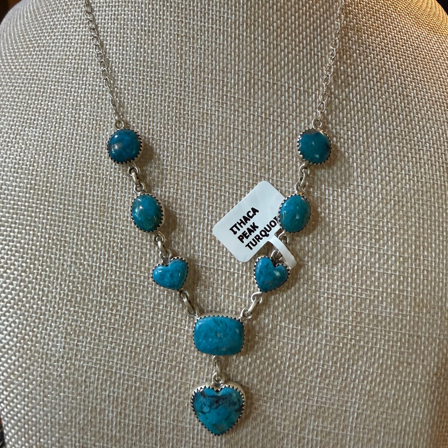Ithaca Peak Turquoise Gemstone Lariat Hearts Necklace Sterling Silver