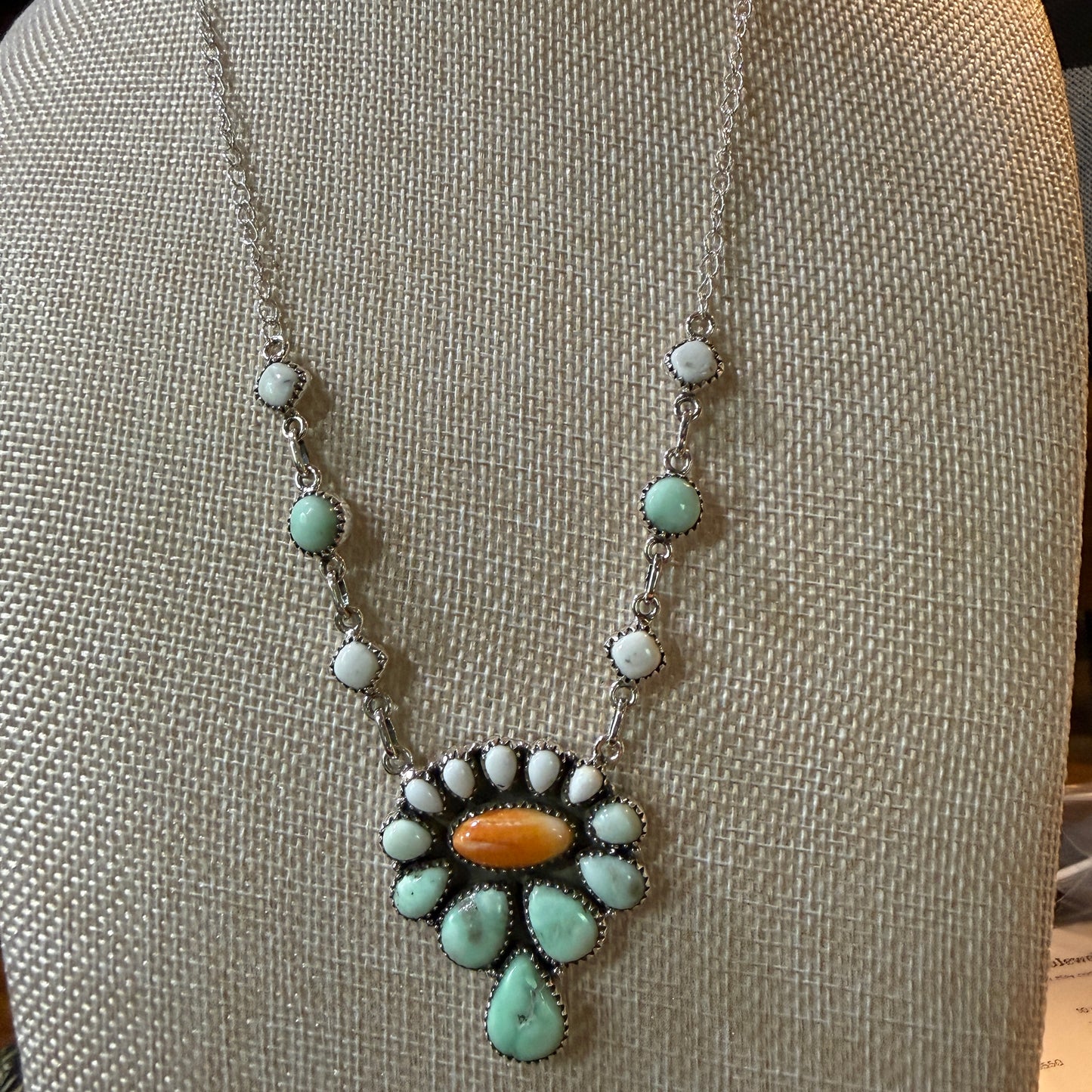 Palamino White Buffalo Turquoise Lariat Necklace Orange Spiny Sterling Silver