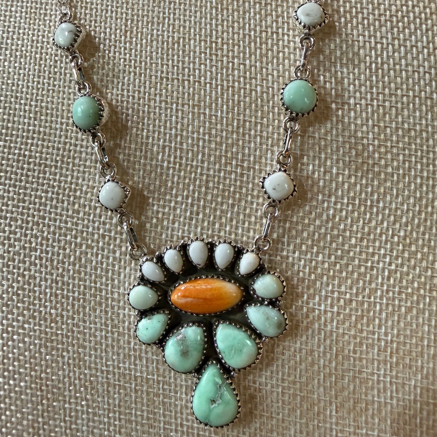 Palamino White Buffalo Turquoise Lariat Necklace Orange Spiny Sterling Silver