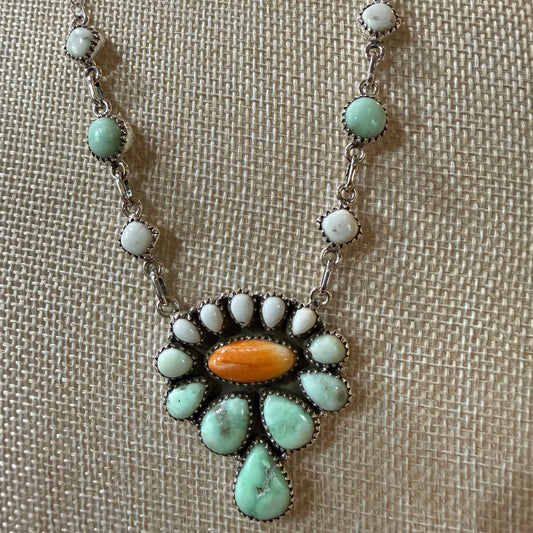 Palamino White Buffalo Turquoise Lariat Necklace Orange Spiny Sterling Silver