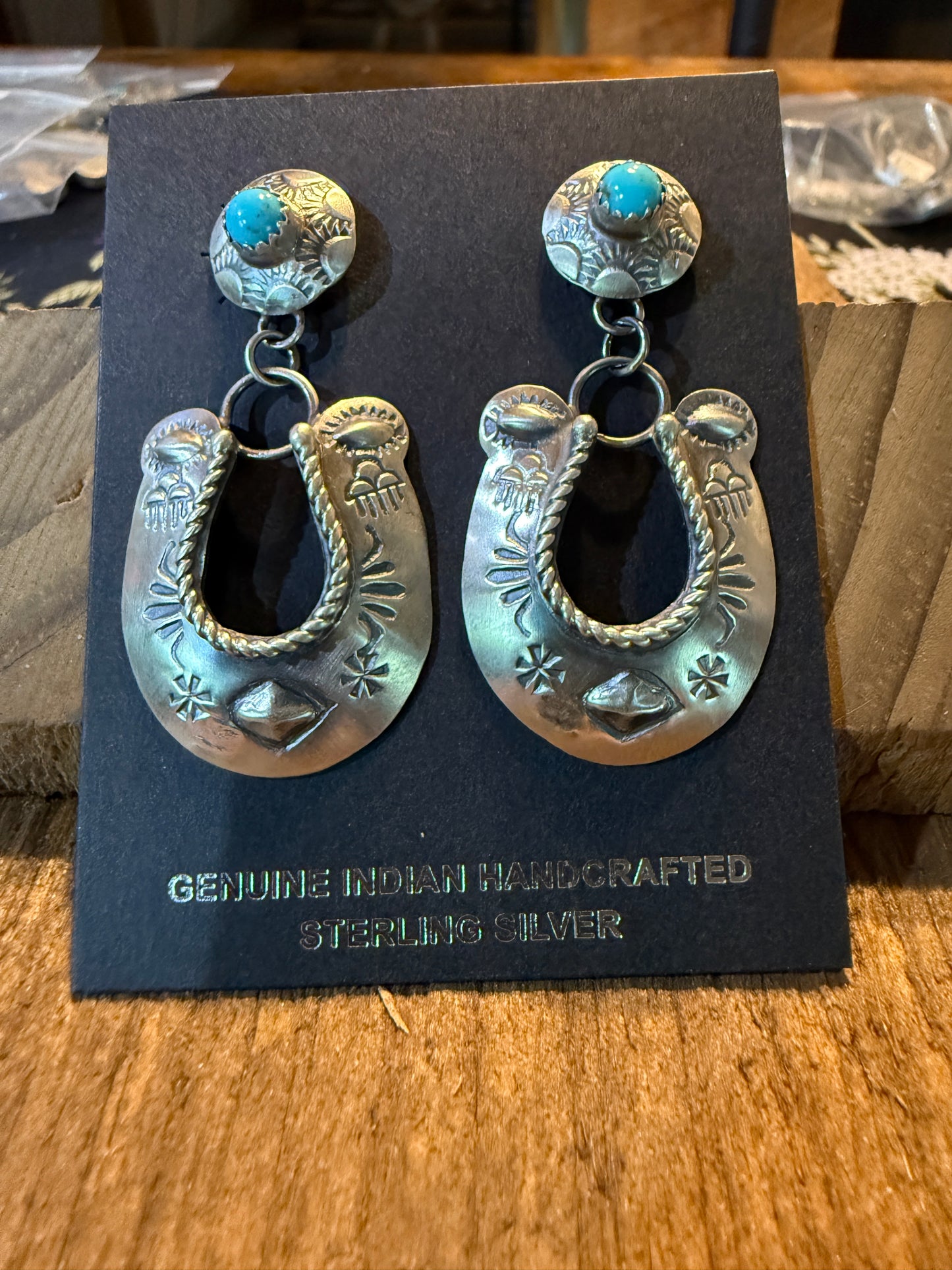 Native Handmade Gabriela Yazzie Turquoise Kingman Horseshoe Drop Earring Silver