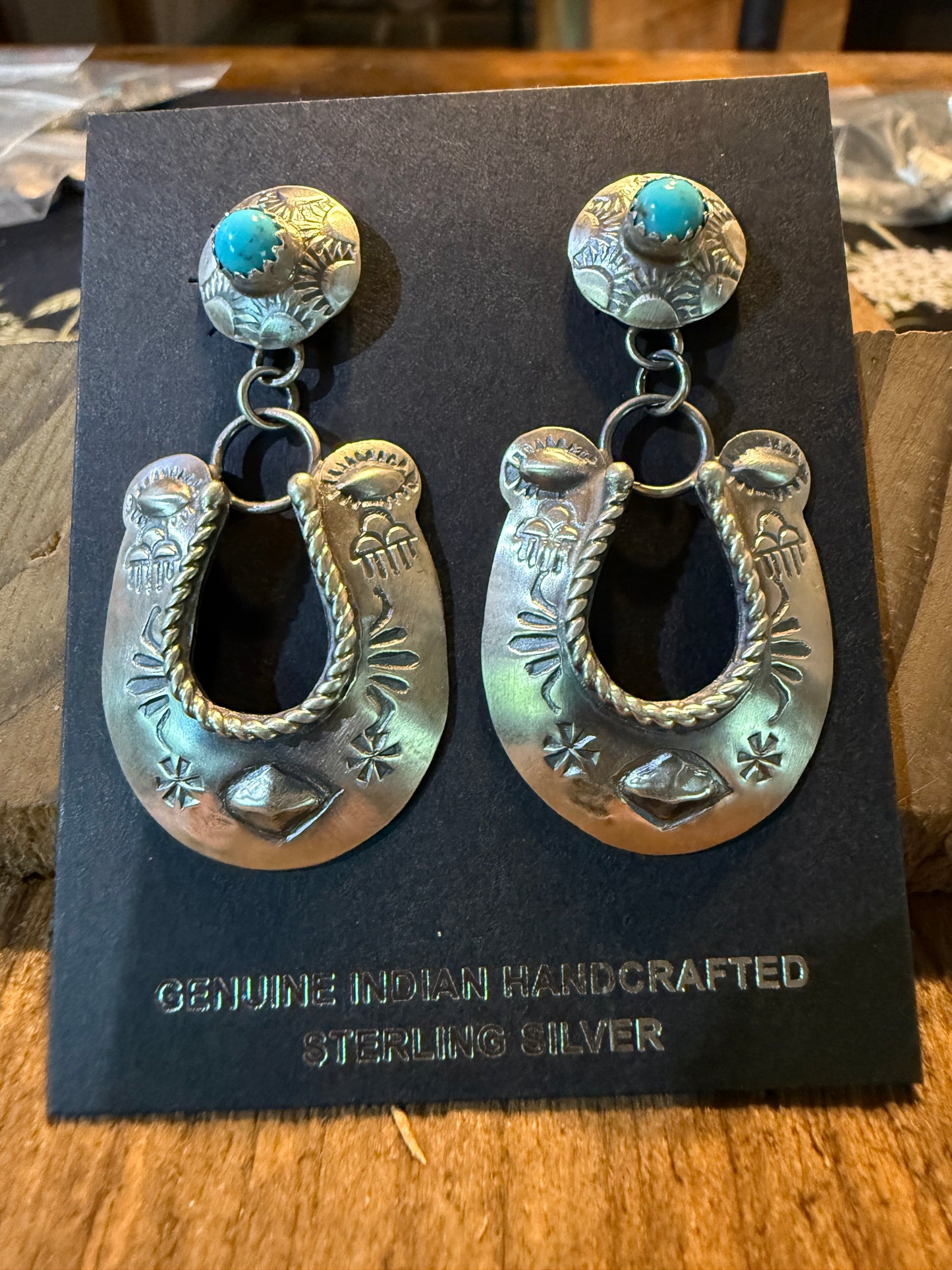 Native Handmade Gabriela Yazzie Turquoise Kingman Horseshoe Drop Earring Silver