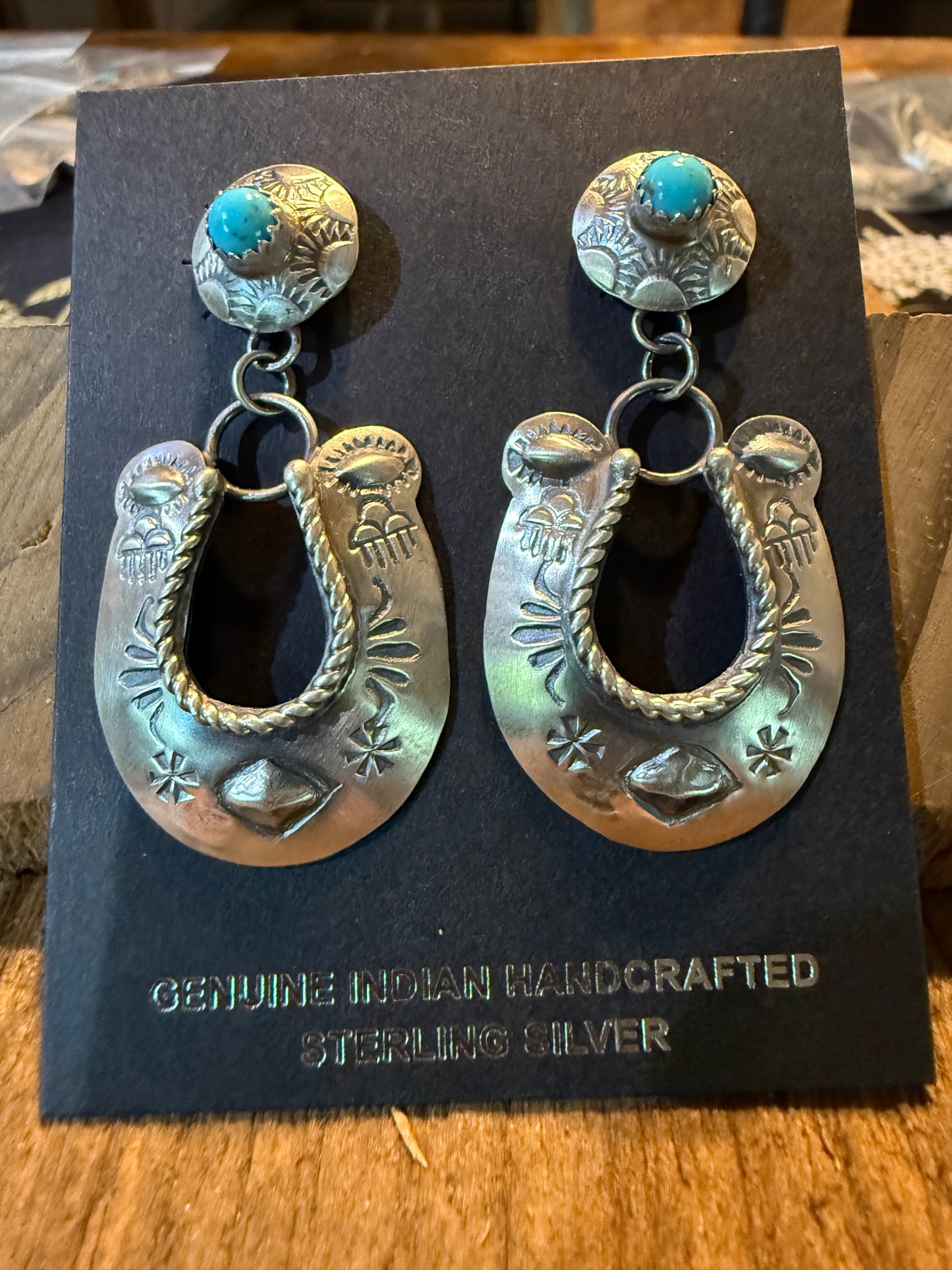 Native Handmade Gabriela Yazzie Turquoise Kingman Horseshoe Drop Earring Silver