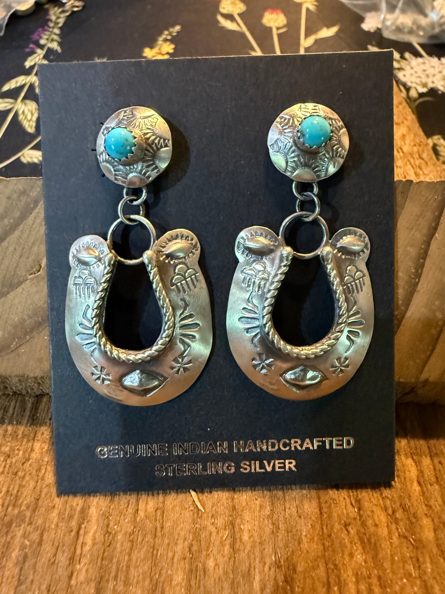 Native Handmade Gabriela Yazzie Turquoise Kingman Horseshoe Drop Earring Silver
