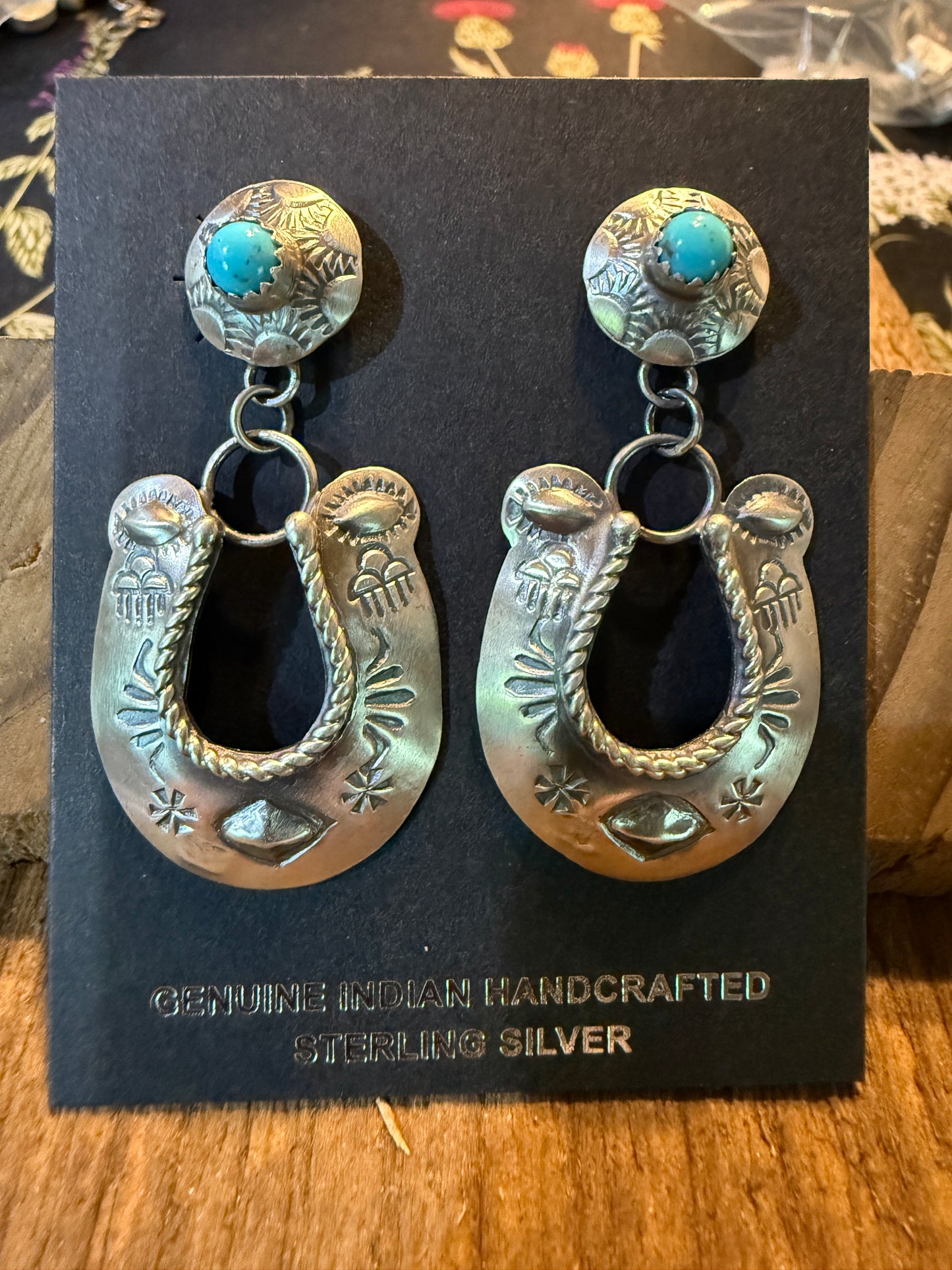 Native Handmade Gabriela Yazzie Turquoise Kingman Horseshoe Drop Earring Silver
