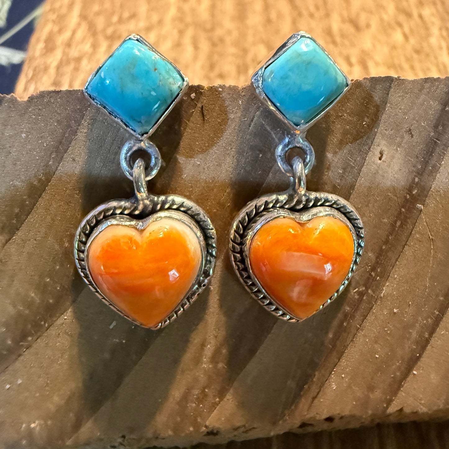 Kingman Turquoise And Orange Spiny Turquoise Heart Stud Earring Sterling Silver