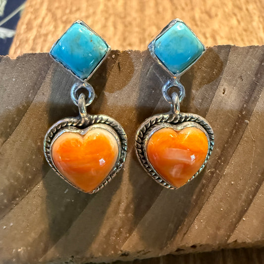 Kingman Turquoise And Orange Spiny Turquoise Heart Stud Earring Sterling Silver
