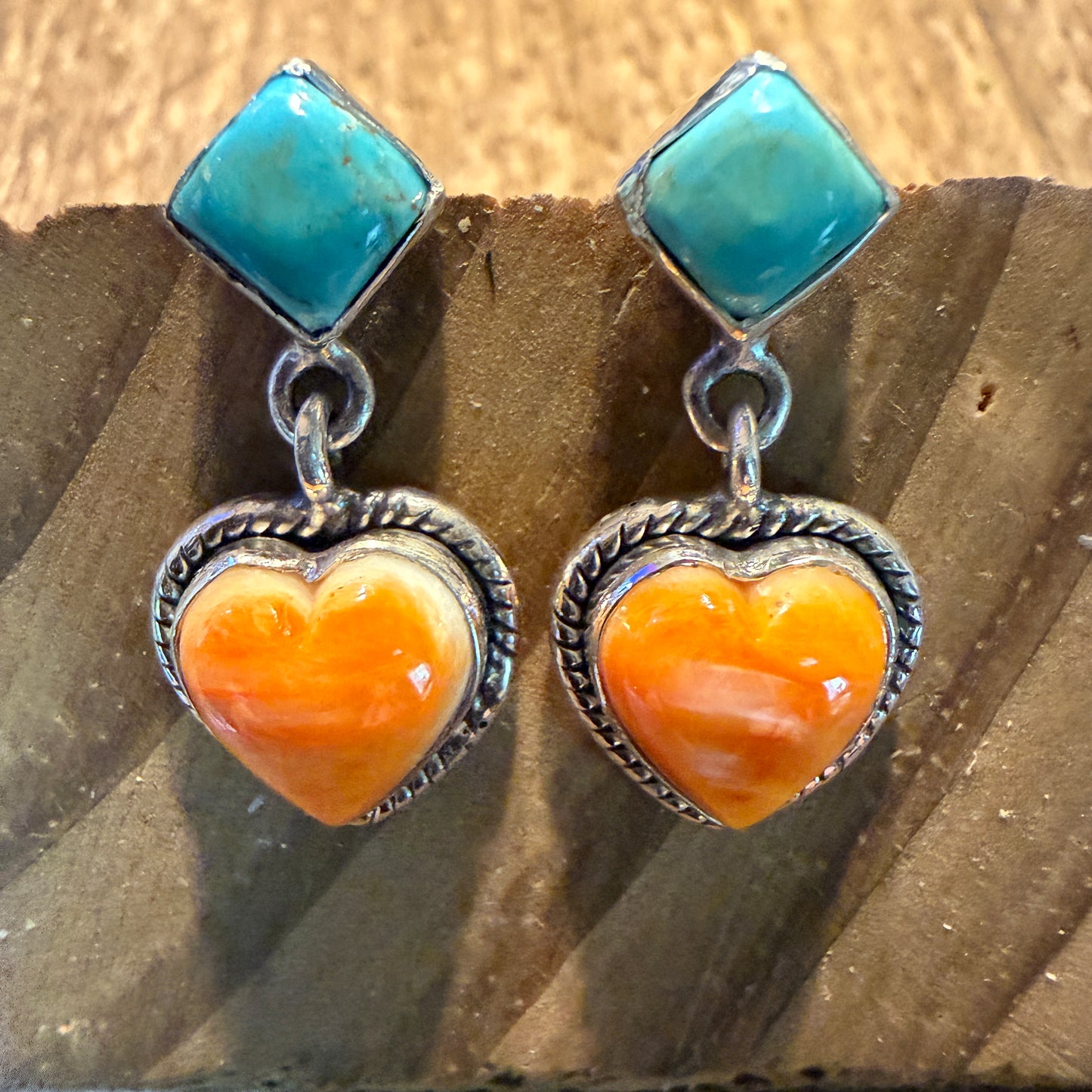 Kingman Turquoise And Orange Spiny Turquoise Heart Stud Earring Sterling Silver