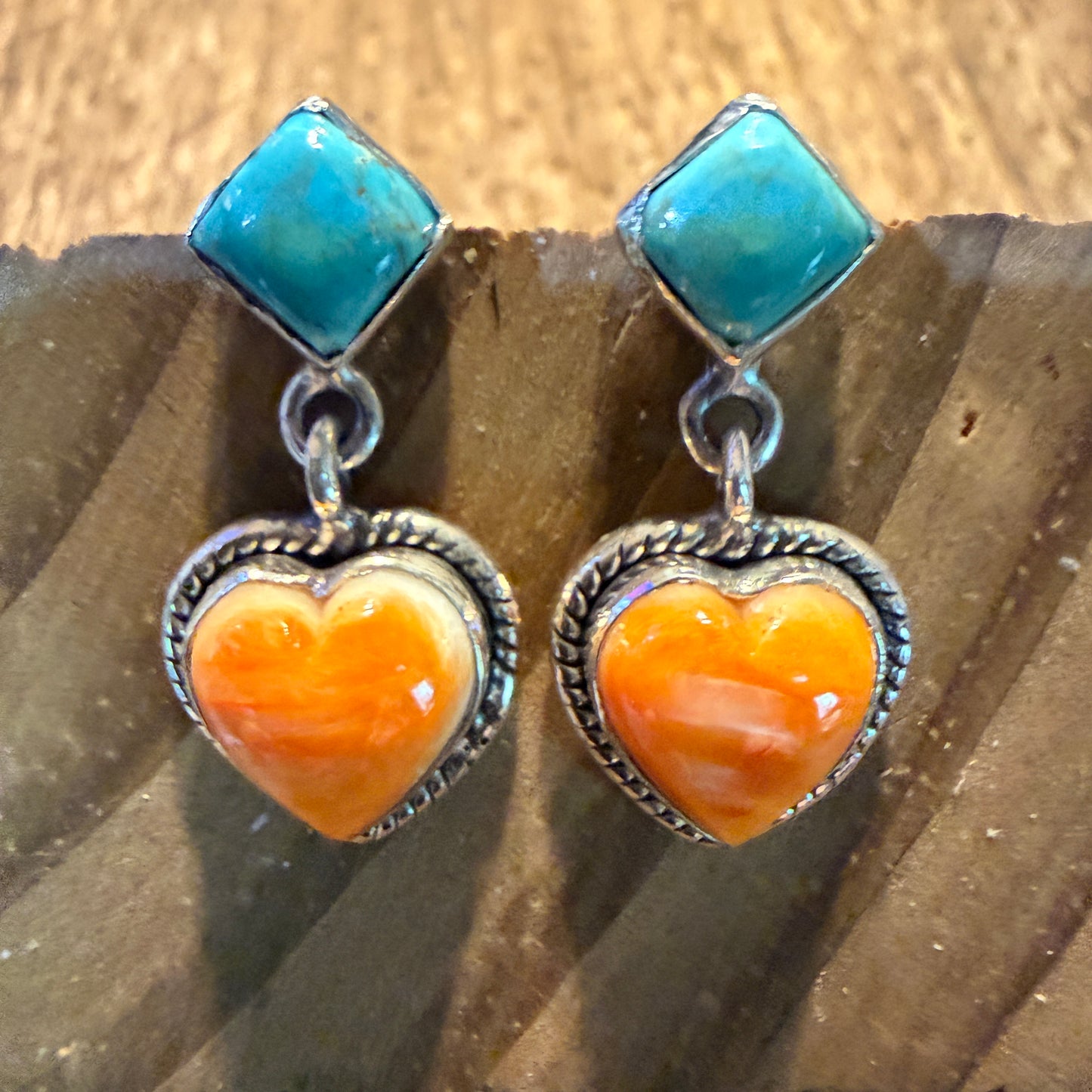 Kingman Turquoise And Orange Spiny Turquoise Heart Stud Earring Sterling Silver
